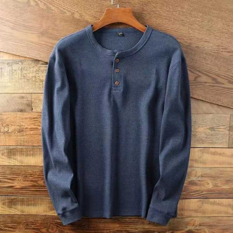 Slim Fit Mens Basic T Casual Tshirts Henley Waffle Long Slve Shirts Thermal Solid Half Button Breathable 100% Cotton ShirtsC241031