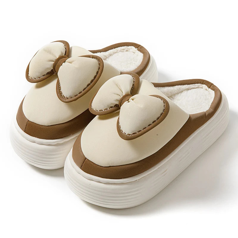 Fluffy Womens Home Sliding Platform Cotton Fur Apartment Winter Mule Shoes Butterfly Knot Decoration Home Comfortable Leisure 241031