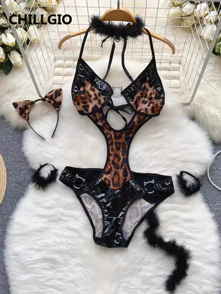 CHILLGIO Women Sexy Leopard Print PU Bodysuits Vintage sweet Rompers Fashion Bodycon One Piece Combination Onesie Lingerie 241031