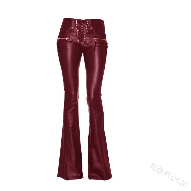 Women Leather Pants Punk Rock Sexy Bandage Motorcycle Leather Pants Tight High-waist Lace Up Bodycon Flare Trousers 241031