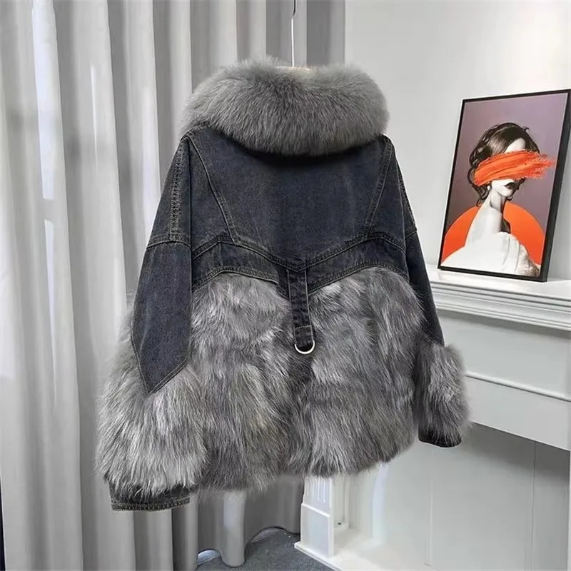 Large fur collar Denim jacket women fur Parkas 2024 winter fashion splicing coat Racoon hair short outerwear 3343 241031
