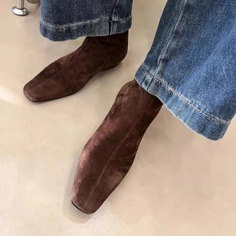 Flats Ankle Boots Suede Warm Women Shoes Winter Square Toe Casual Chelsea 2025 Trend Low Heels Snow Boots Mujer Zapatos 241030