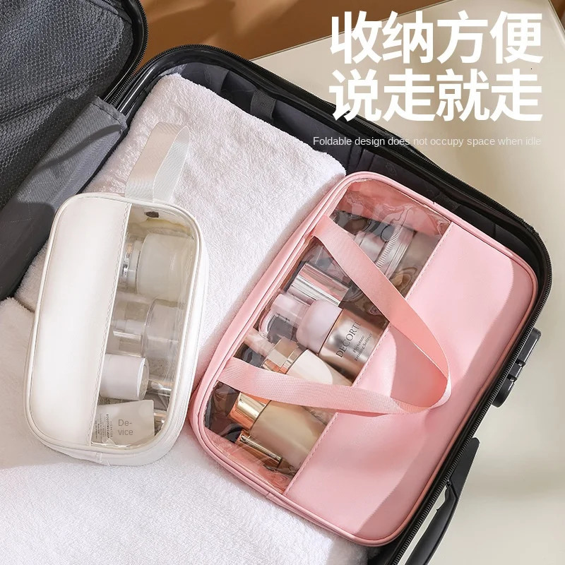 Fashion Transparent Makeup Wash Bag Womens Handheld PU Waterproof Large Capacity Storage Bag PVC Splicing Cosmetics Box 241031