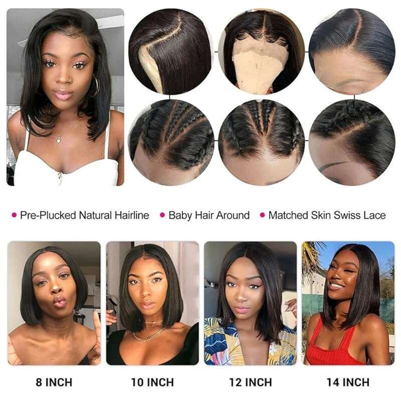 Wig 13X4 Front Human Hair 8-16 Inch Transparent Lace Straight Bob Wigs For Women 200% Density