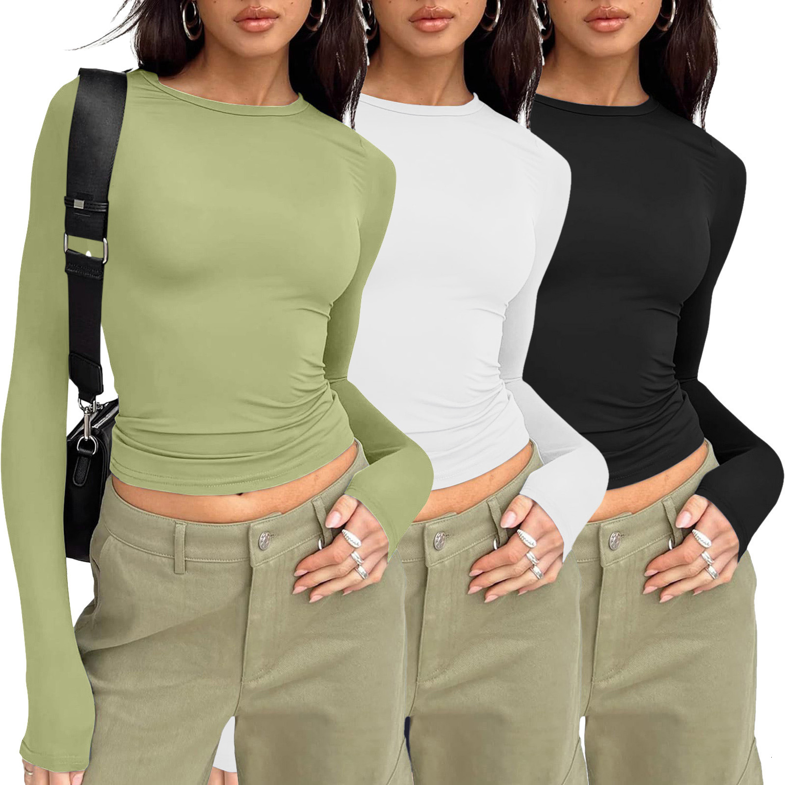 2024Designer casual long sleeved spring and autumn solid color slim fit pullover T-shirt women's street wear base shirt top three piece set