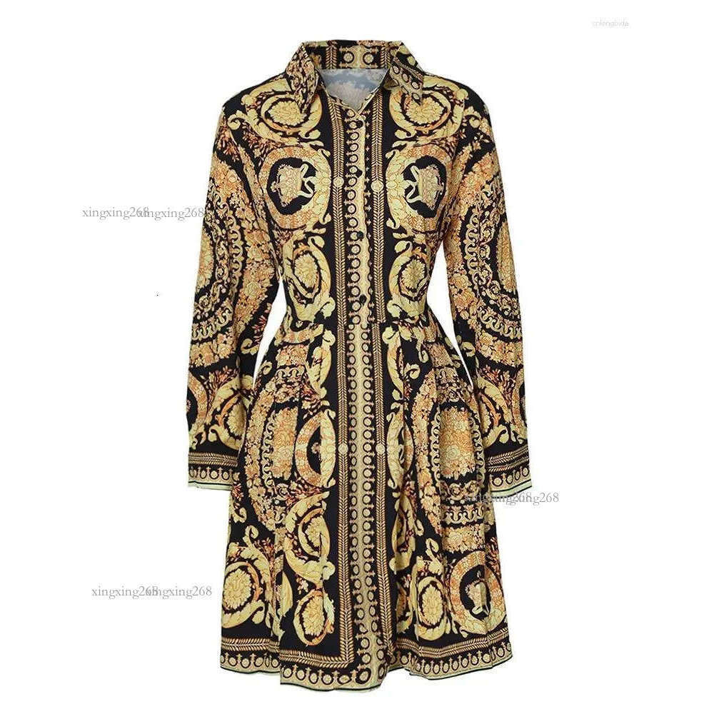 Casual Dresses Women Autumn Clothes Floral Vintage Lapel Long-Sleeves Form-Fitting Skirt With Button Open For Ladies