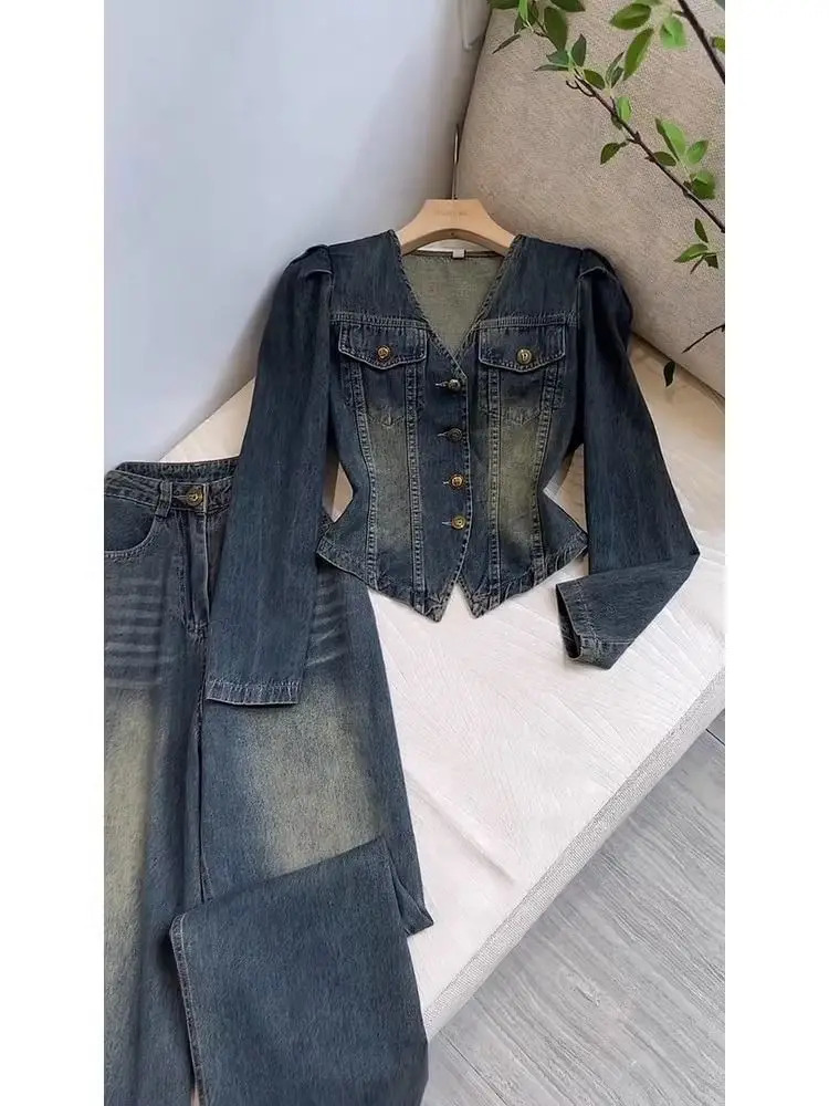 V-neck denim jacket wide leg jeans Trouser 2-piece set womens Y2k set retro autumn jacket loose pants 241030