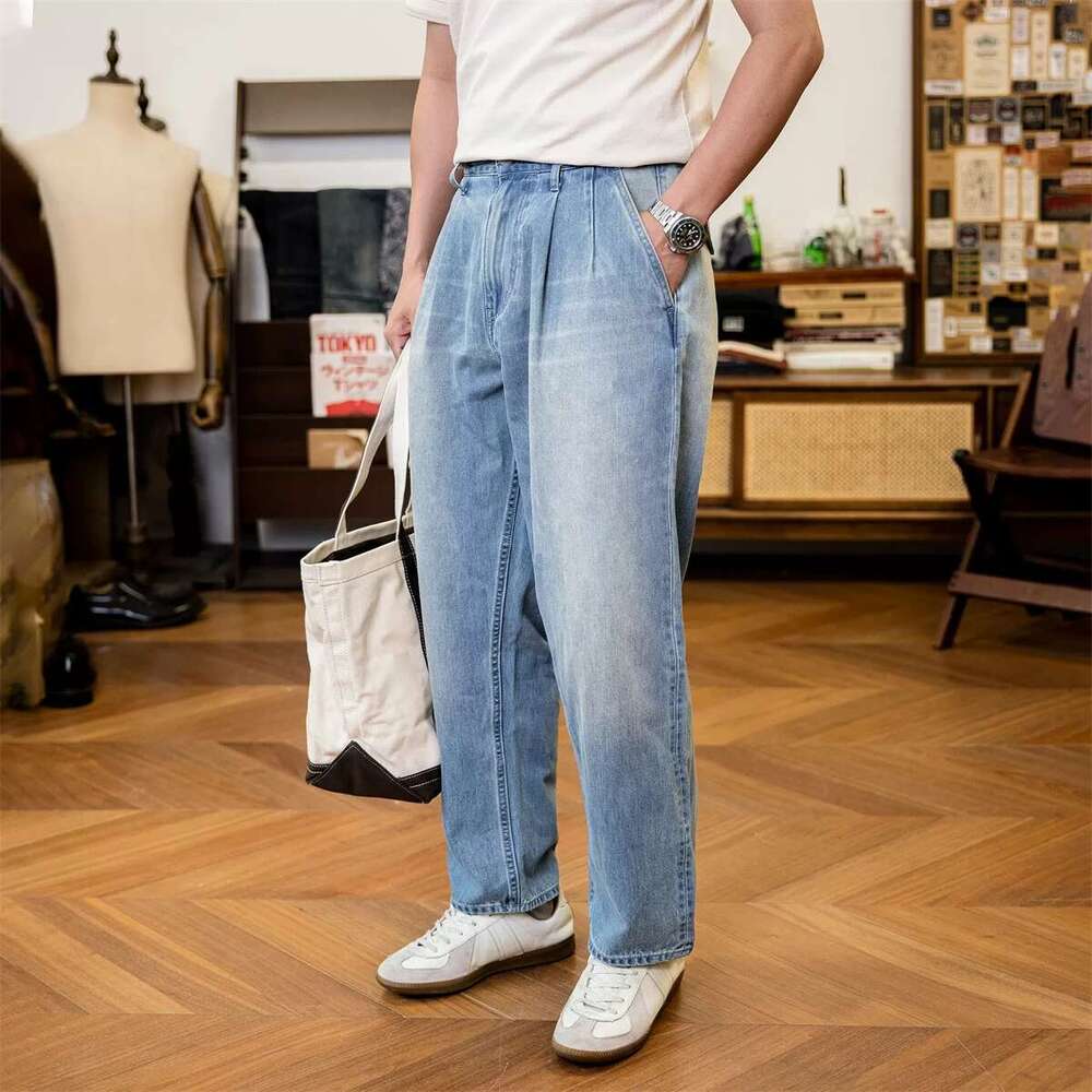 Red Tornado Denim Two Tuck Pants Ameki Style Men's Casual Trousers Washed Blue Jeans