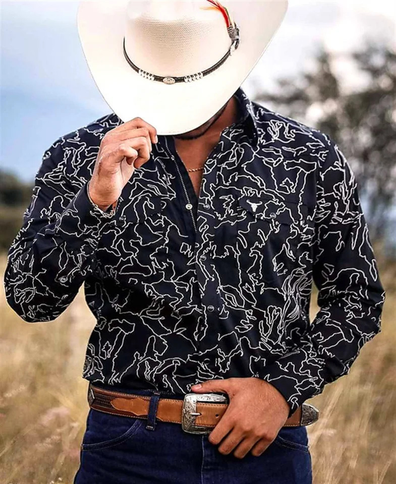 Western tribal shirt denim mens casual outdoor party HD pattern button soft and comfortable lapel shirt long sleeved T-shirt 241030
