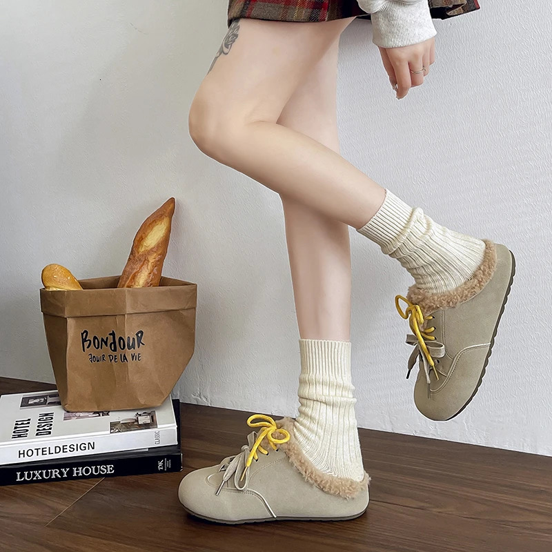 Aphixta Cow Suede Brown Slipper Furry Warm Women Mule Outside Plush Shoes Colorful Lace Up Slides chaussures femme zapatos mujer 241031