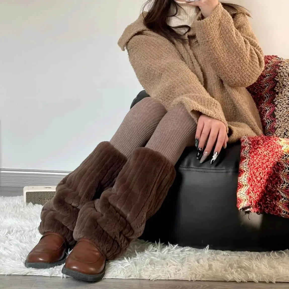 Solid Leg Warmers Mink Fur Boots Subculture Thickened Plush Leg Warmer Japanese Harajuku Fashion Boots Cover Lolita Party Socks 241031