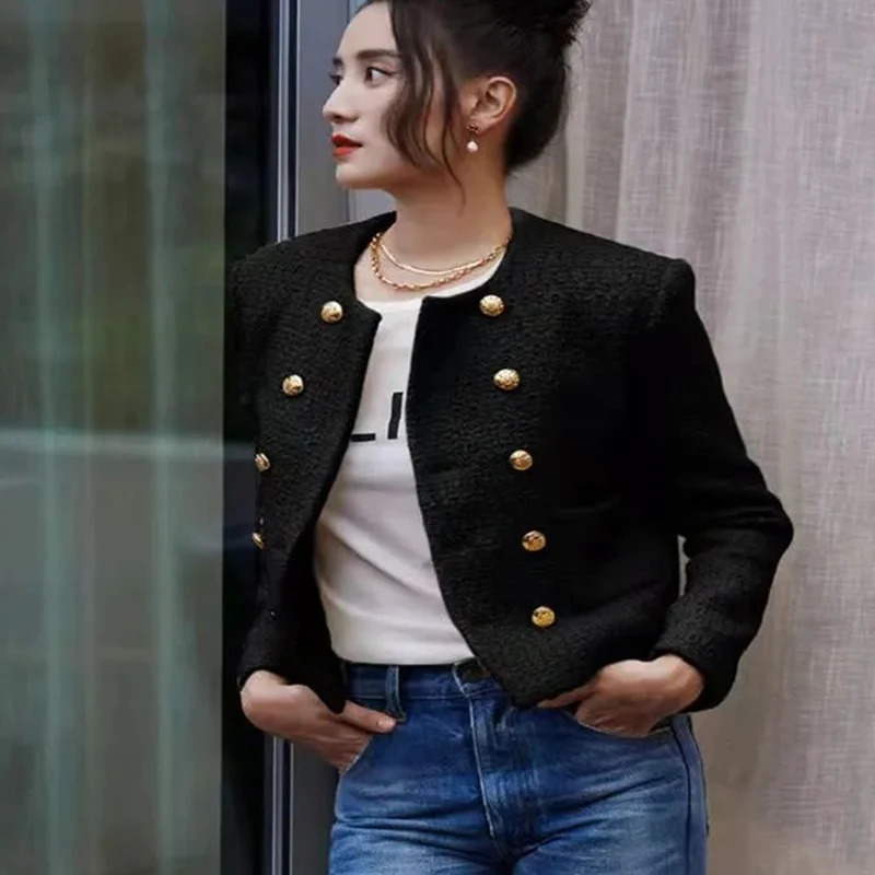 Rimcoy Womens Double-Breasted Tweed Jacket Round Neck Elegant Cropped Coats Women Korean Fashion Long Sleeve Solid Jackets 241031