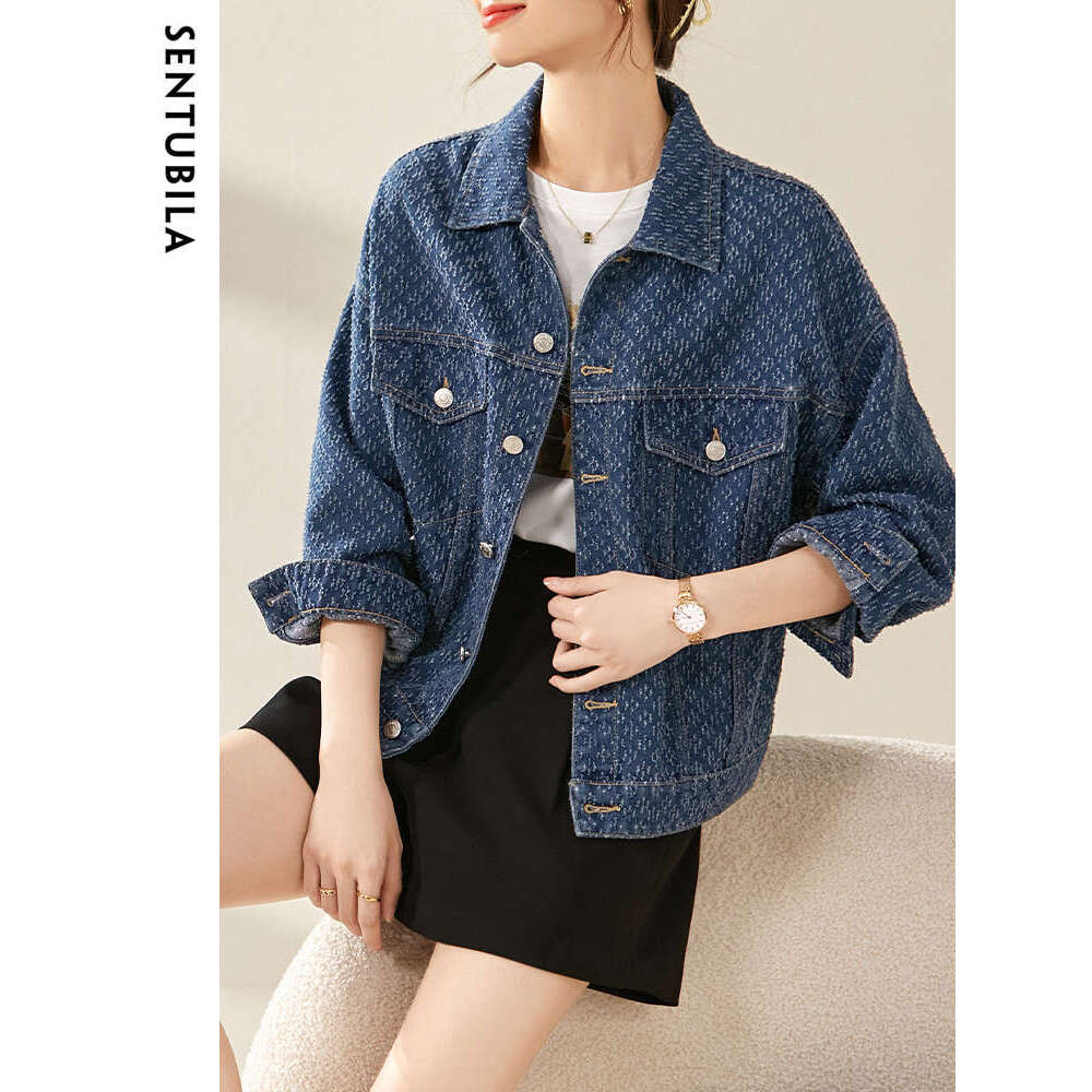 SENTUBILA Jacquard Denim Jackets Women Spring Casual Turn-Down Collar Long Sleeve Coats Fashion Loose Female Outerwear W31w45765