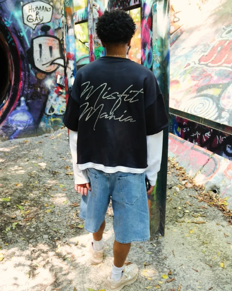 Harajuku vintage High Street long sleeve splicing jumper letter print long sleeve men Y2k casual loose streetwear sweatshirt 241031