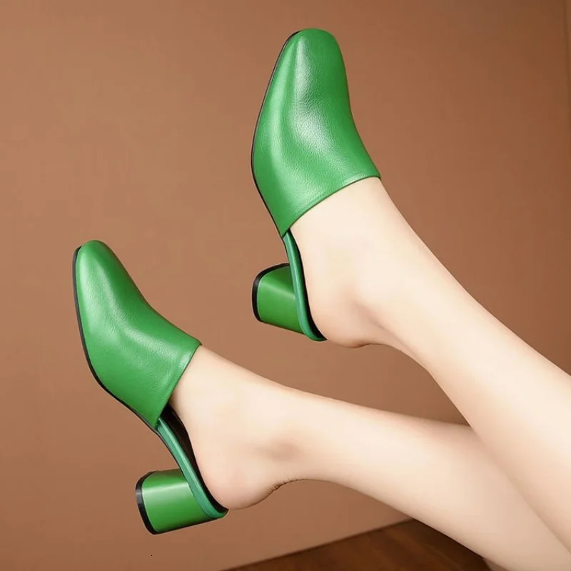 Baotou Half Slippers Women Summer Outer Wear Fashion Solid Color Square Toe Thick Heel High-heeled Womens Slides Pantuflas 241031