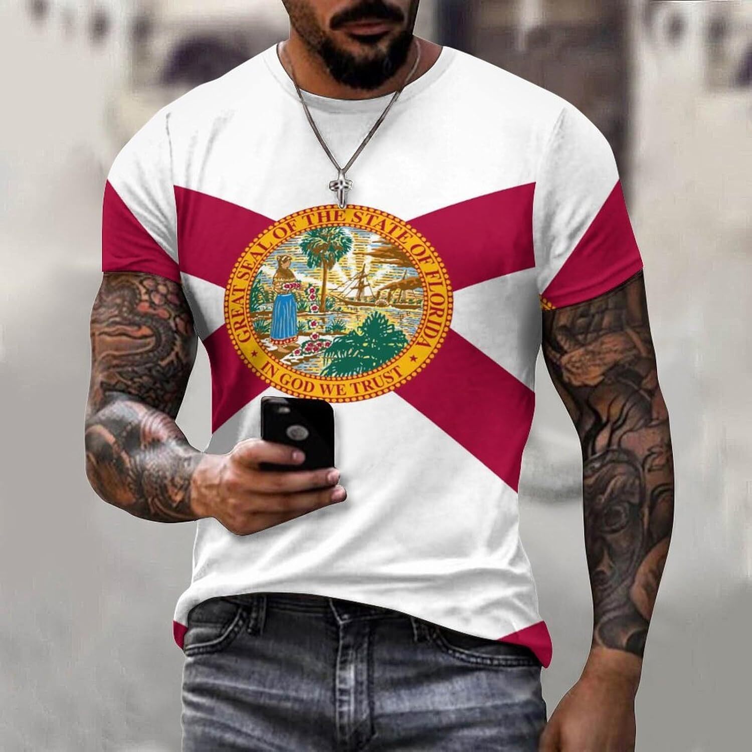 Mens T shirt Flag of Florida Cotton T-Shirt 3D Printed Casual Shirt Men's Crew Neck T-Shirt tee Casual tops summer clothes