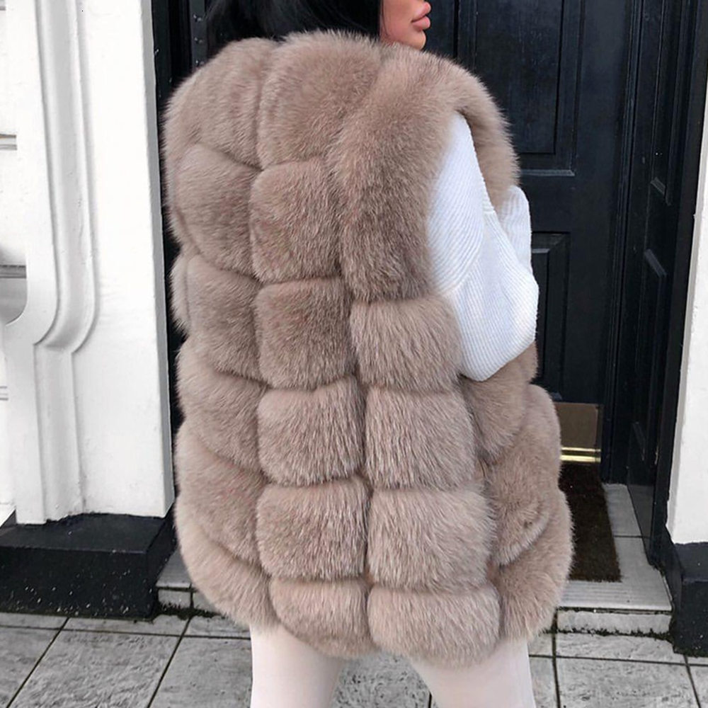 QUEENTINA Winter New Womens Natural Coat Brown Square Pattern Handcrafted Products Sleeveless Real Fox Fur Vest