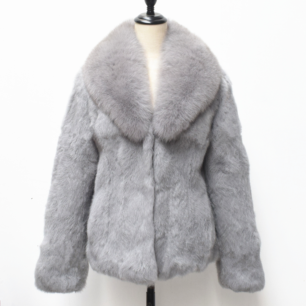 QUEENTINA Fashion For Winter Natural Rabbit Coat Has Large Fox Fur Shawl Collar Thick Autumn Warm Jacket Plus Size Clothing