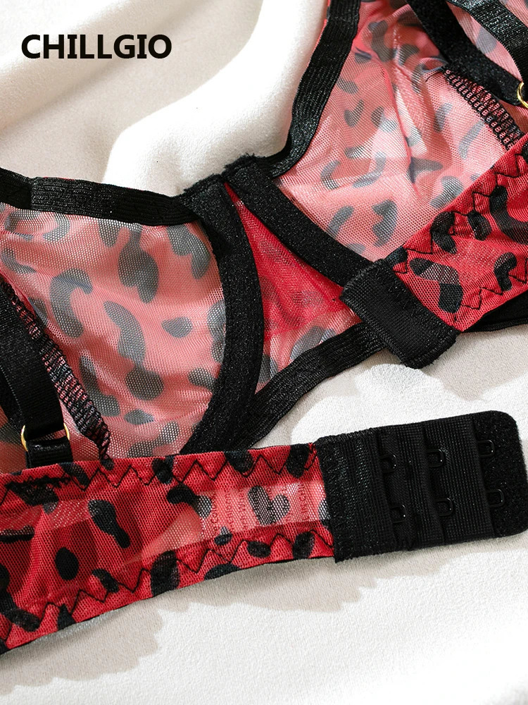 CHILLGIO Women Leopard Print Bra Brief Suits Fashion Erotic Mesh Underwire Underwear 4 Piece Transparent Lingerie Stockings Sets 241031