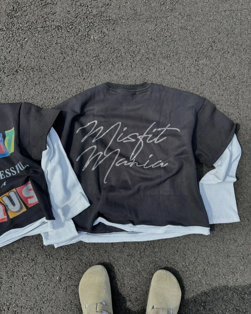 Harajuku vintage High Street long sleeve splicing jumper letter print long sleeve men Y2k casual loose streetwear sweatshirt 241031