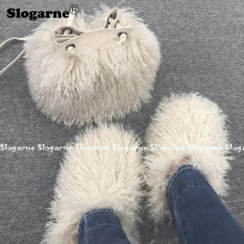 Womens fashion set fur slider fur handbag womens faux fur set fur leather bag wallet indoor shoes Plus size 49 241031