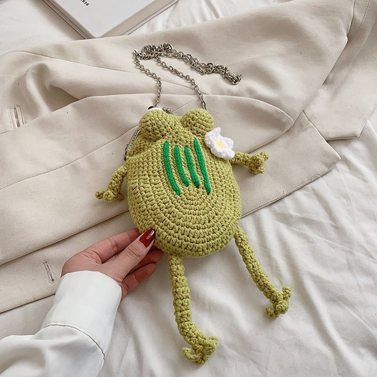 Cute Green Frog Shoulder Knitted Crossbody Casual Women Messenger Decoration Bag Phone Coin Purse