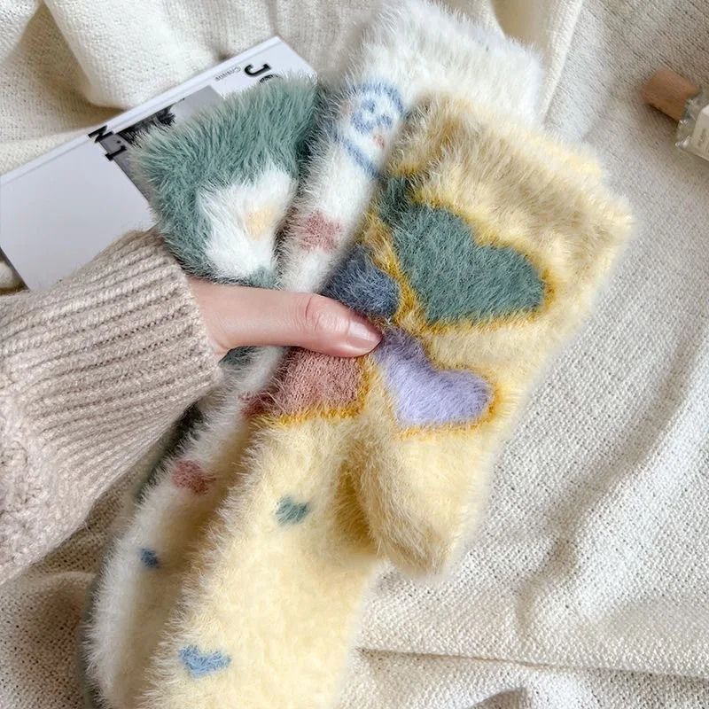 Japanese Kawaii Cute Socks Autumn Winter Thicken Warm Soft Plush Women Socks Coral Fleece Thermal Homewear Floor Sleeping Socks 241031