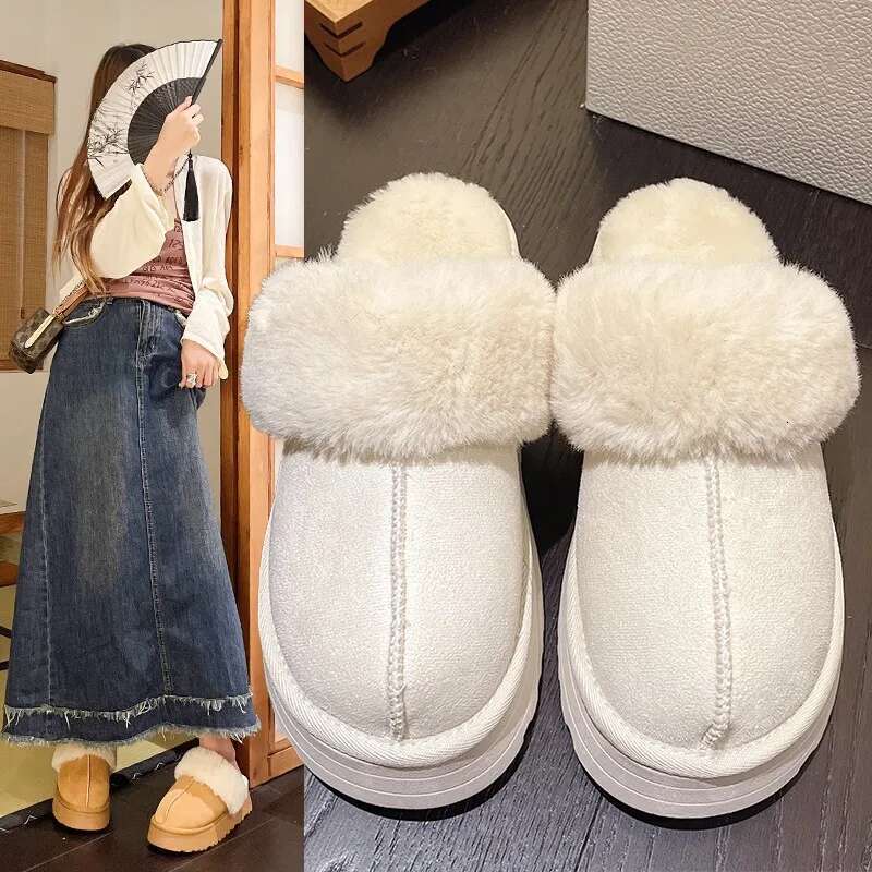Snow Fur Slippers Female Wearing 2024 New Baotou Flat Half Drag Thick Sole Cotton Shoes Women Boots
