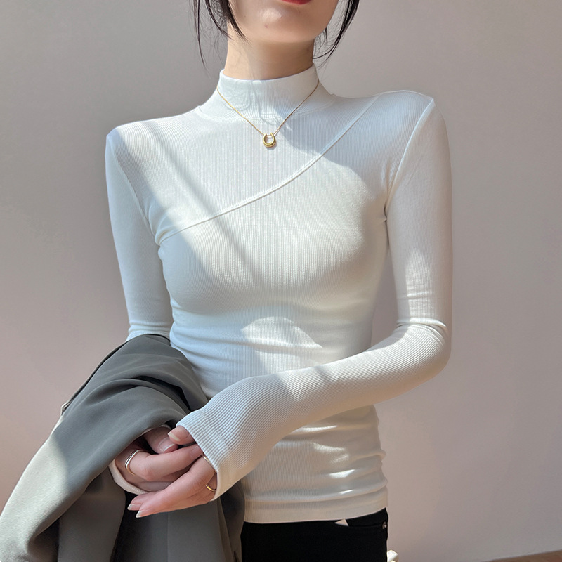 Designer selects elasticity cotton semi high neck base shirt women's T-shirt 2024 autumn winter new item, with tight fitting long sleeved and plu