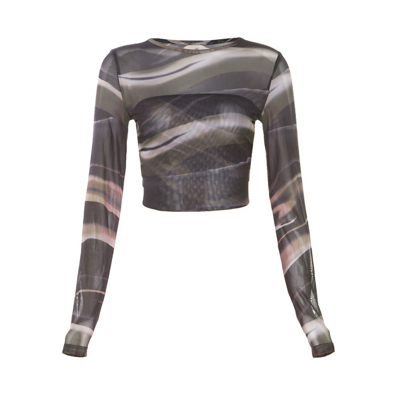INS style 2024 autumn new women's fashion printed mesh sexy backless slim fit short crop top T-shirt