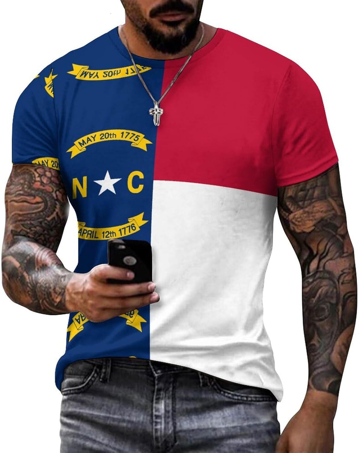 Mens T shirt Flag of North Carolina Cotton T-Shirt 3D Printed Casual Shirt Men's Crew Neck T-Shirt tee Casual tops summer clothes