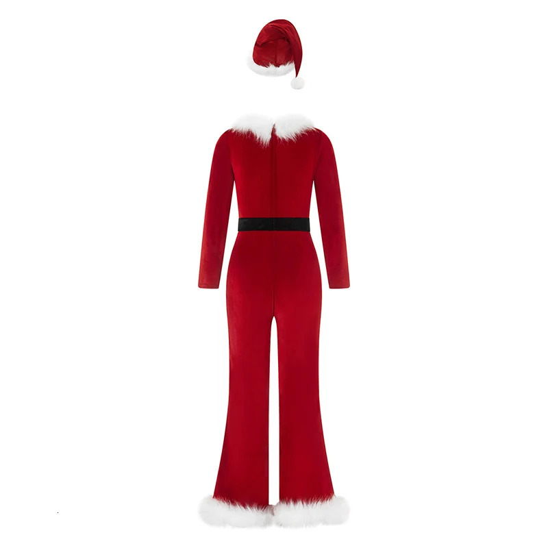 Women Red Christmas Costumes Cute Long Sleeve Flared Jumpsuit and Santa Hat Set for Cosplay Role-Playing Party Outfits 241031