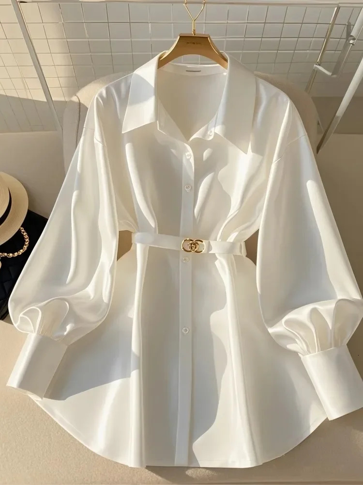 Autumn Fashion Blouses Women Clothing French y Mature Style Shirt Long Sleeve Waist Slimming White Tops 241031