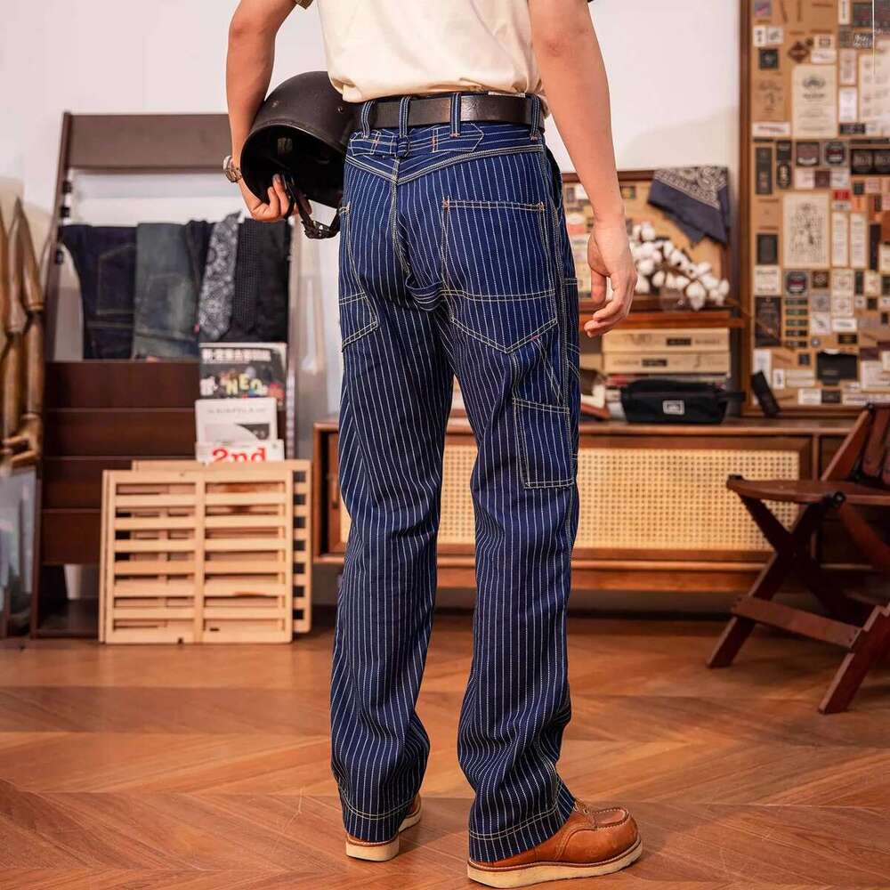 Red Tornado Double-Front Indigo Wabash Stripes Canvas Pants Derrickman Overalls Ameki