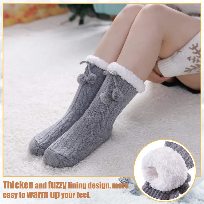 Womens Thermal Fuzzy Sock Comfy Floor Winter Sleeping Soft Female Plush Non Slip Grip Silicone Fur Ball Short Slippers Sock Home 241031
