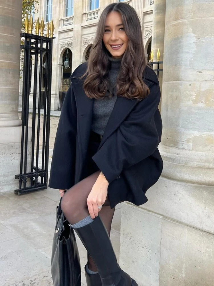 ZBZA Womens Oblique Button Loose Batwing Sleeve Jacket Coat Lapel Double Pocket Warm Solid Vintage Outerwear Fall Winter Coat 241030