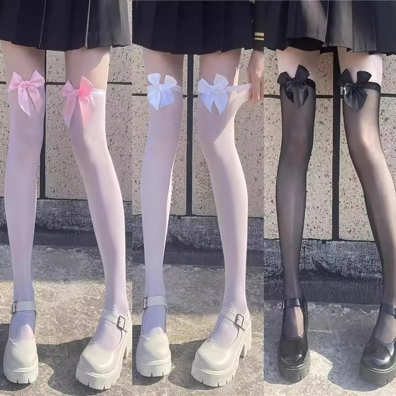 Sexy Bow Stocking for Women Black White Long Stocks Over-the-calf Socks JK Cosplay Socks Girls Lolita Hosiery Thigh Stockings 241031