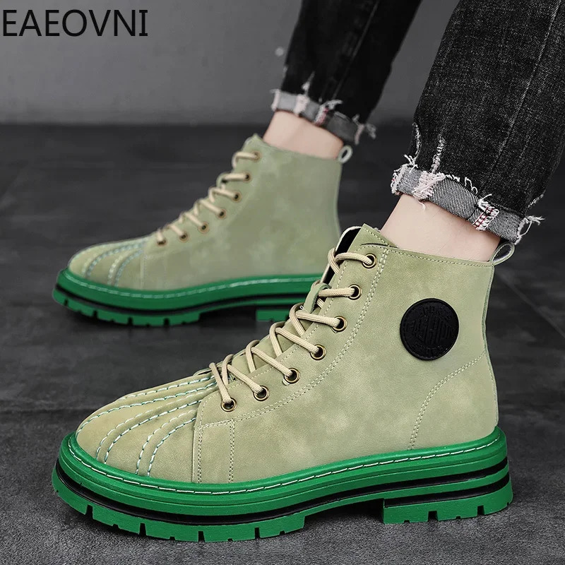 Long boots mens boots lace up anti slip high elastic velvet thick British EAEOVNI explosive winter boots 241031