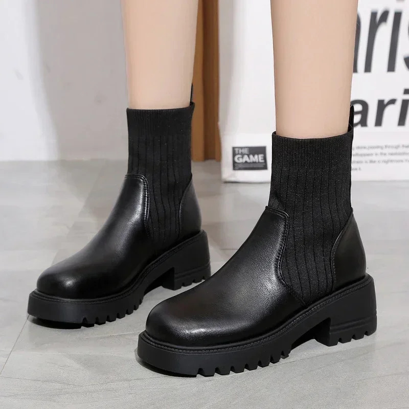 Autumn Winter Fashion Women Chelsea Boots Female PU Leather High Heels Boots Platform Shoes Ladies Knitted Sexy Ankle Boots 241030