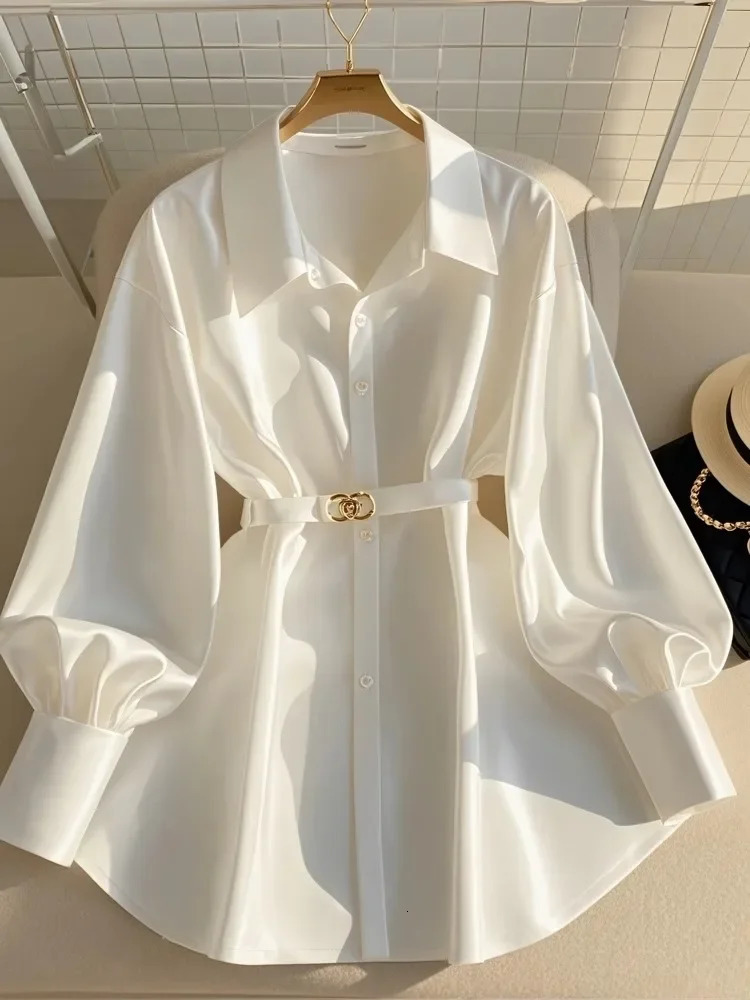 Autumn Fashion Blouses Women Clothing French y Mature Style Shirt Long Sleeve Waist Slimming White Tops 241031