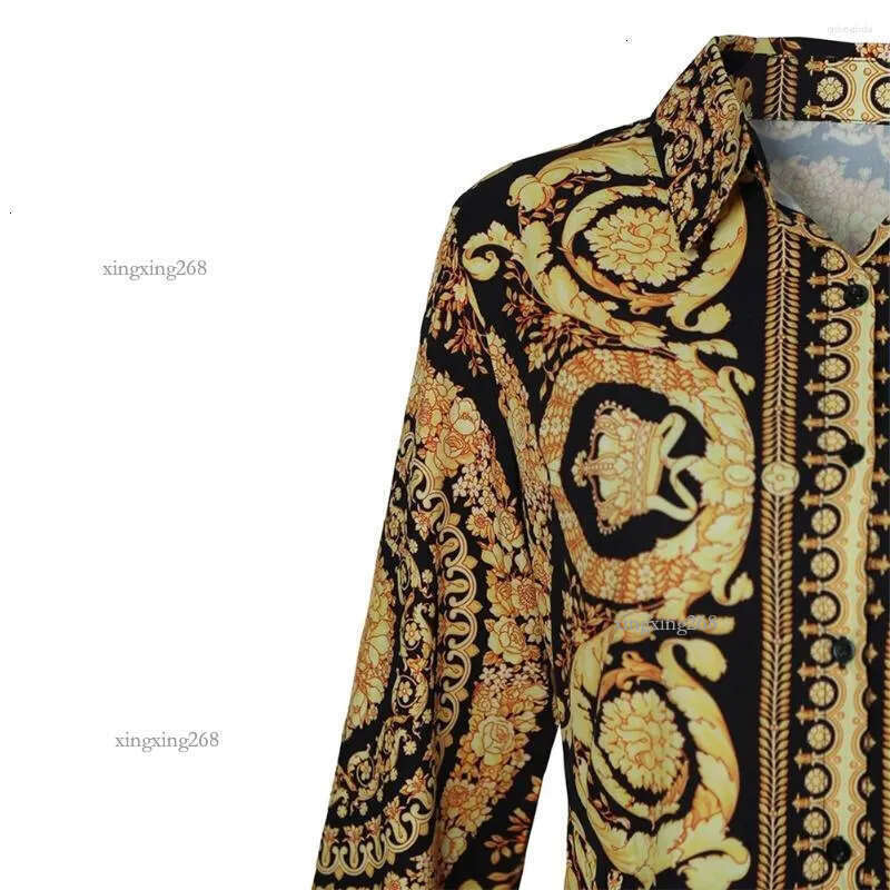 Casual Dresses Women Autumn Clothes Floral Vintage Lapel Long-Sleeves Form-Fitting Skirt With Button Open For Ladies