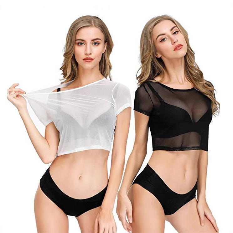 Designer's new mesh tight see through base shirt, sexy and seductive lingerie, sleeved T-shirt, exposed navel short top
