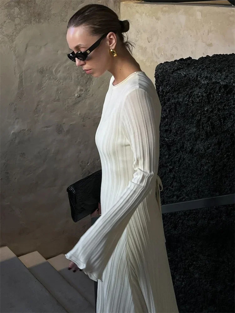 Tossy Knitwear Fashion Loose Maxi Dress Women Lace-Up High Waist Ribbed Long Sleeve Party Dress Female Knit Bandage Long Dress 241031