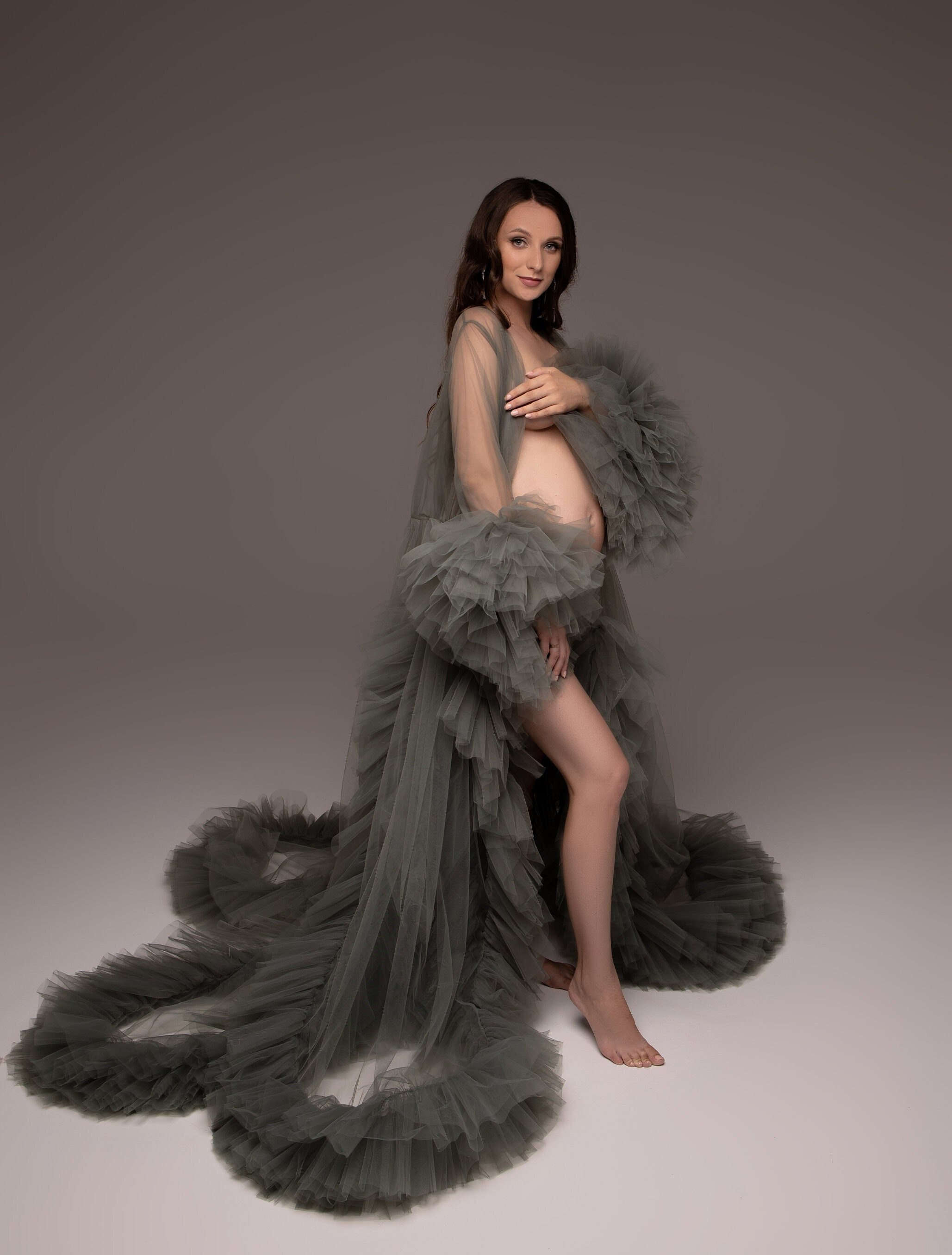 Customized Sexy Women Bathrobe Ruffles V Neck Long Sleeve Maternity Dresses Pregnant High Split Nightgown Pijama Evening Dress