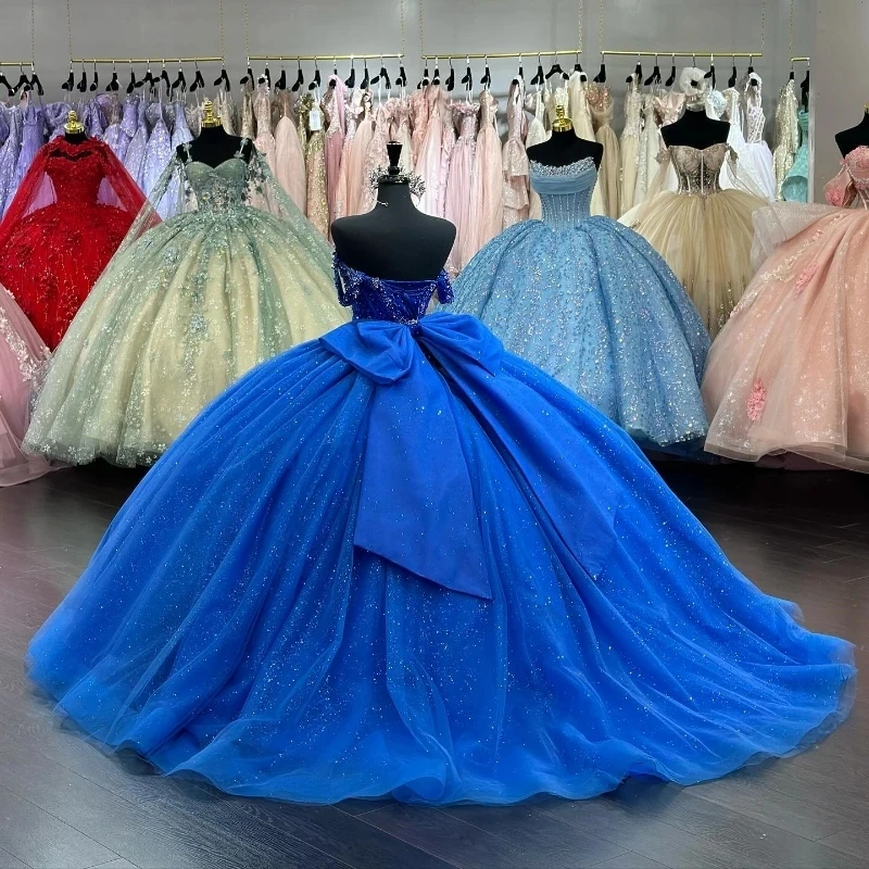 Royal Blue Shiny Ball Gown Quinceanera Dresses Lace Beads Bow Tull Off Shoulder Party Birthday Princess Sweet 16 Years Vestidos 15 De XV Anos