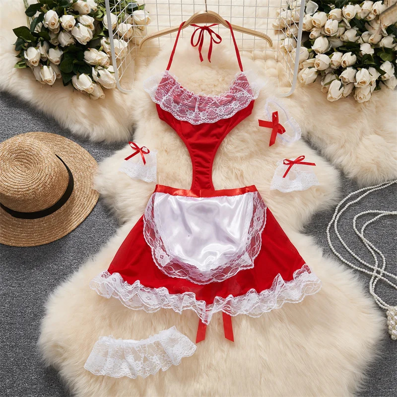 Sexy Lingerie Lace-up Top Cosplay Maid Uniform Bodysuit Set Mini Skirt Patchwork Lace Edge Backless Jumsuit Hollow Women Suits 241031