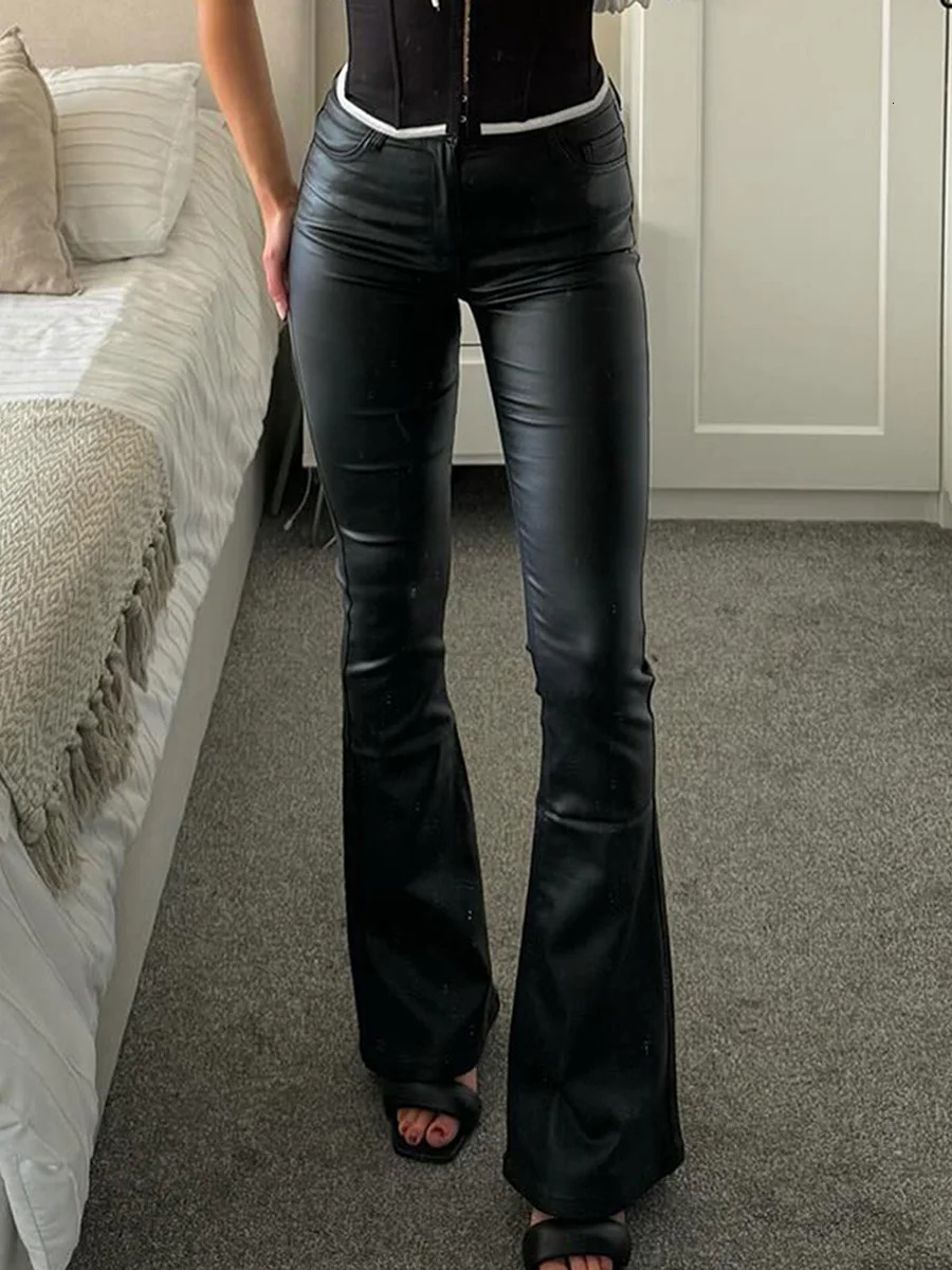 Women PU Leather Long Pants Solid Color High Waist Bell Bottom Trousers for Party Fashion Streetwear 241031
