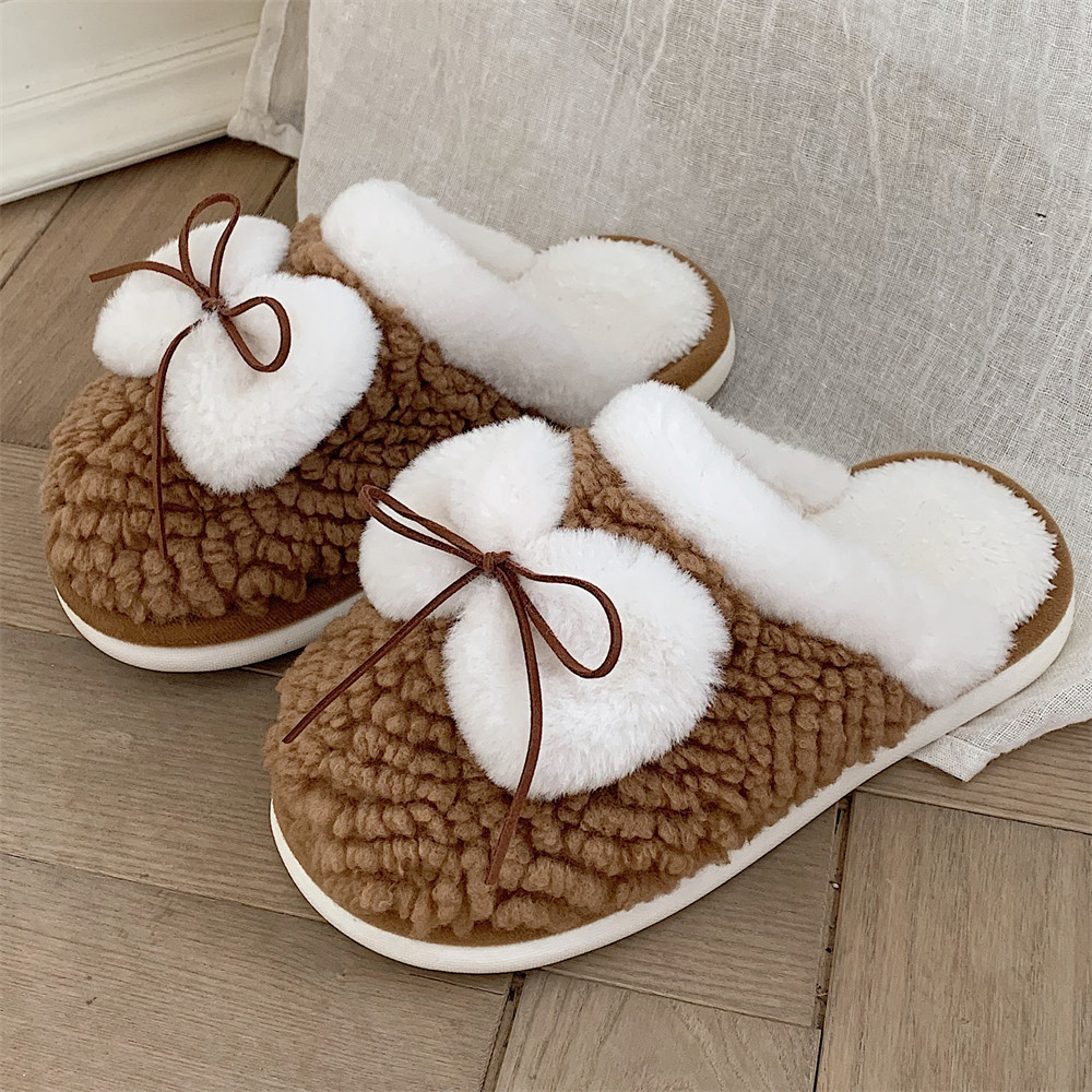 Bow Family Slippers Women Girls Cute fluffy winter warm plush indoor flats Bedroom slide casual women's cotton slippers