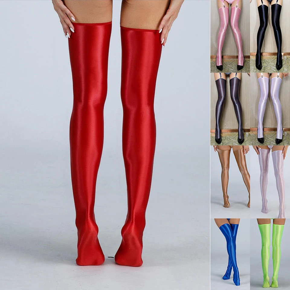 Women Ladies Oil Shiny Glossy High Sheer Stockings Pantyhose Lingerie Over Knee Hosiery Tight Long Socks Sexy 241031