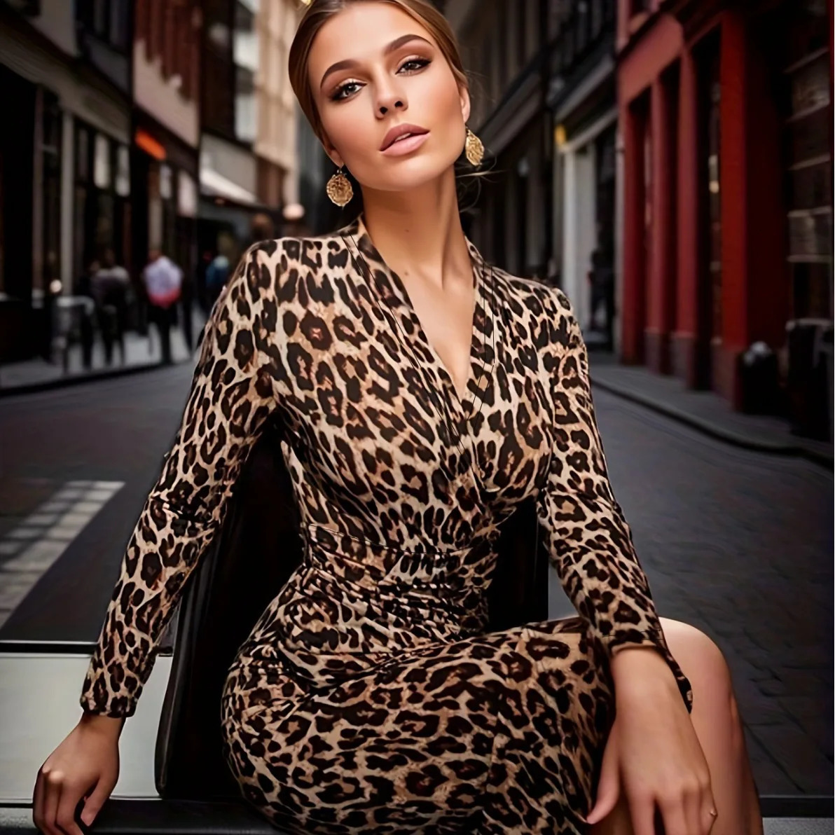 2024 Autumnwinter Womens Long Dress Sexy Leopard Print V-neck Long Sleeve Tight Slit Bag Hip-covering Skirt tie Style 241030